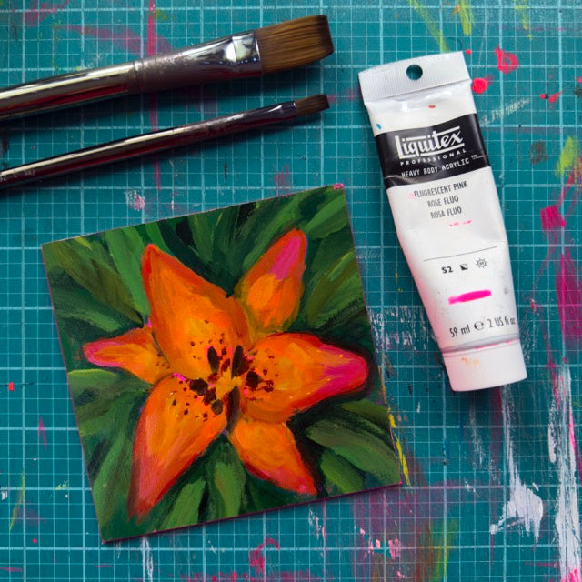 Red-Orange Flower, 5x5, Acrylic on Illustration Board