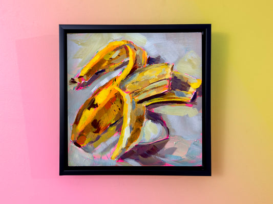 Banana Original Painting on Cradled Wood, 8 inch square, Framed