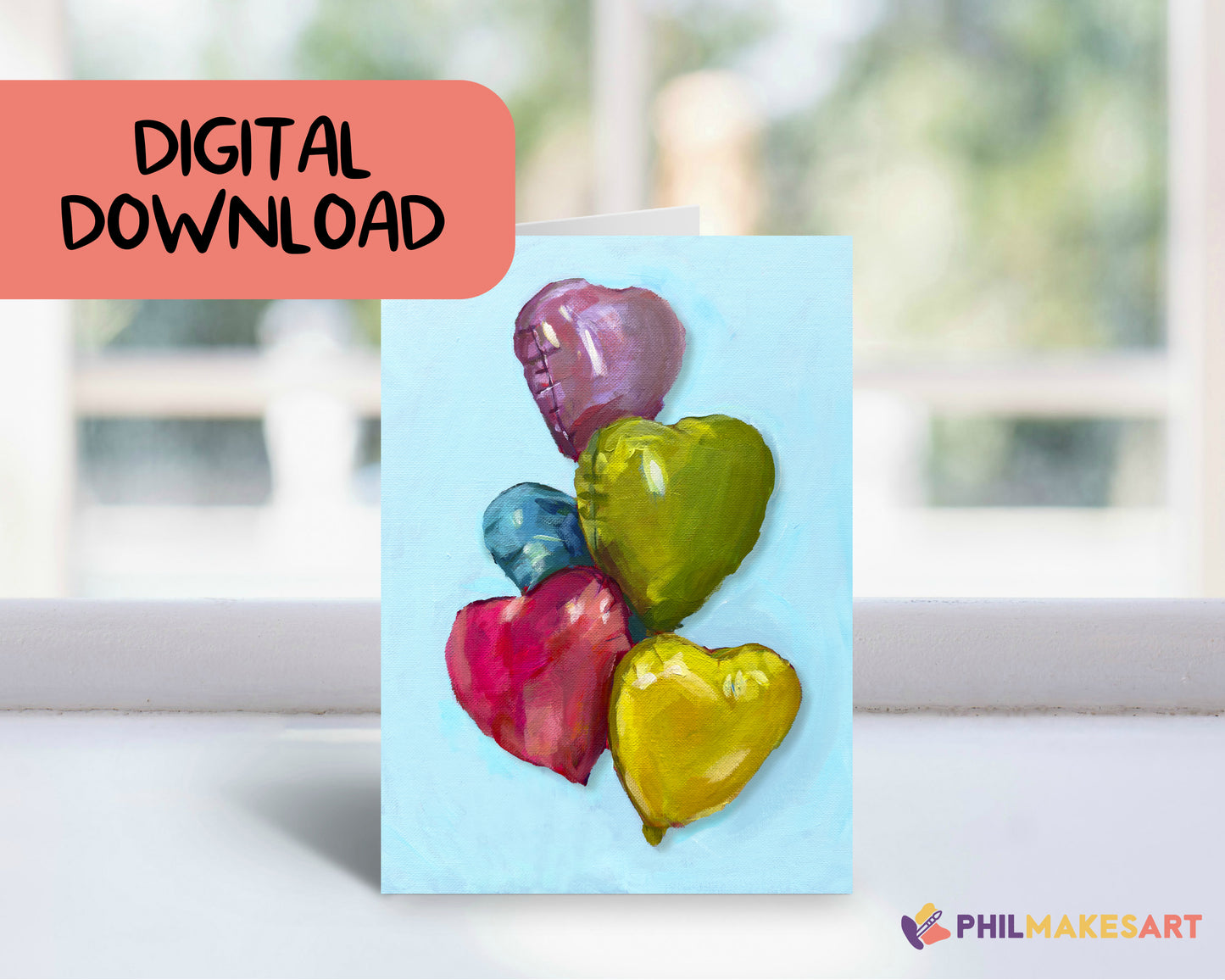 Digital Download: Heart Balloon Greeting Card, 5x7