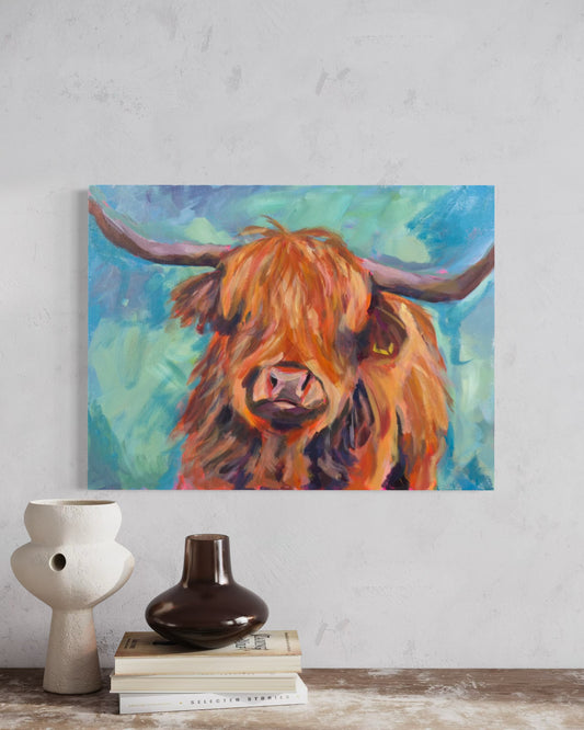 Highland Cow Original Painting on Canvas, 12 x 16
