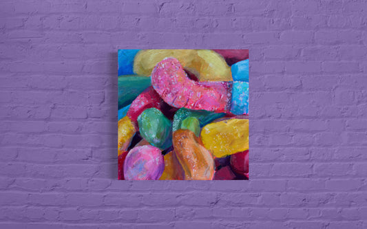 Sour Gummy Worms, Original Acrylic on Mounted Canvas, 8 x 8