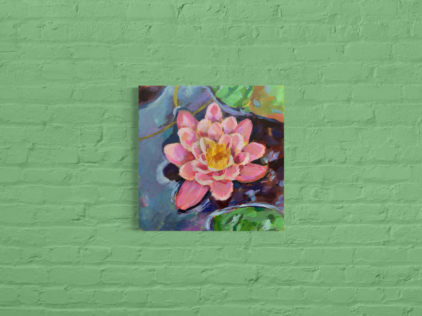 Water Lily Original Painting on Canvas, 8 inch square