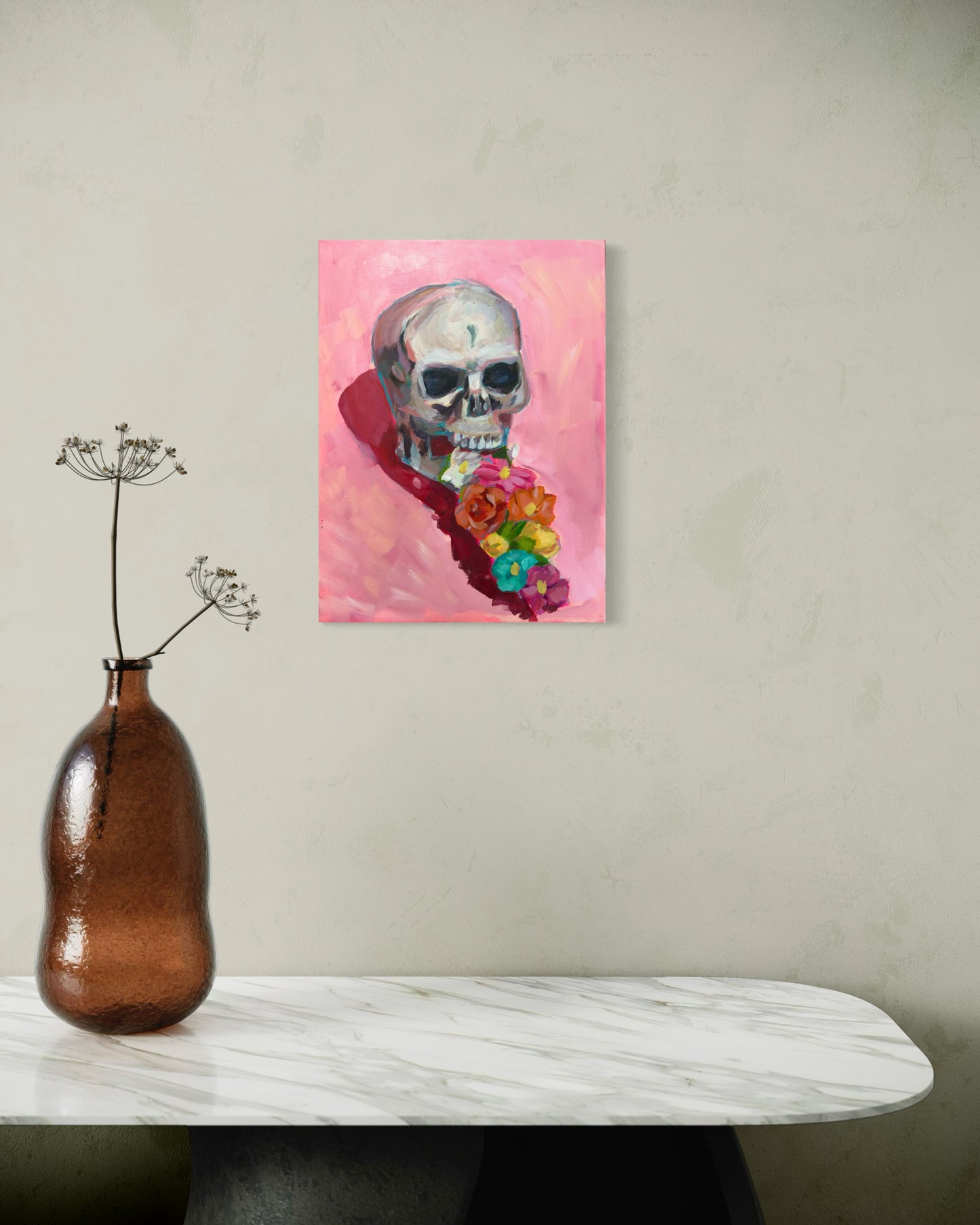 Skull and Flowers Original Painting on Canvas, 12 x 16