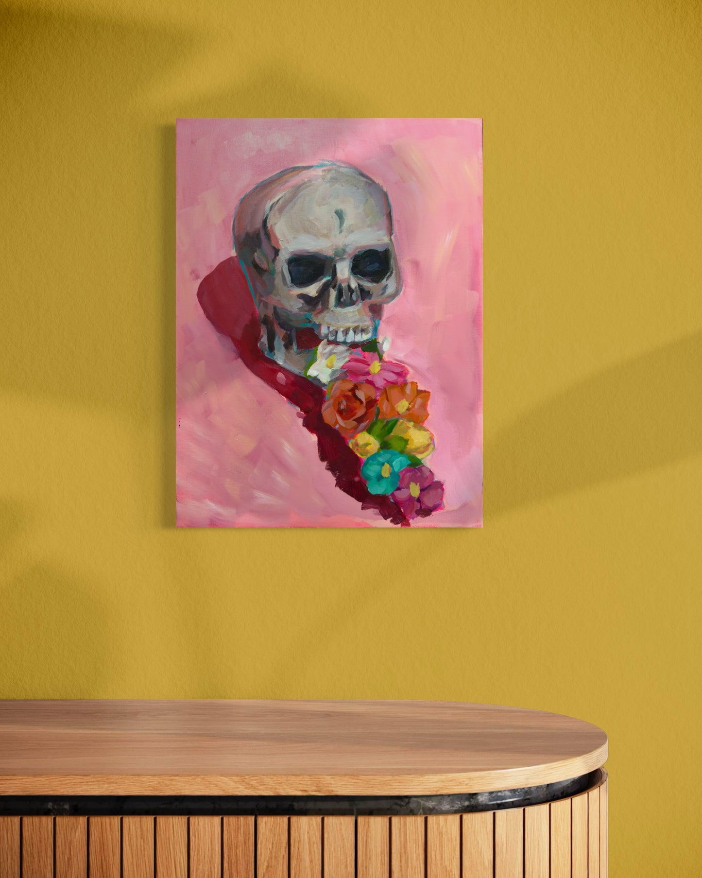 Skull and Flowers Original Painting on Canvas, 12 x 16