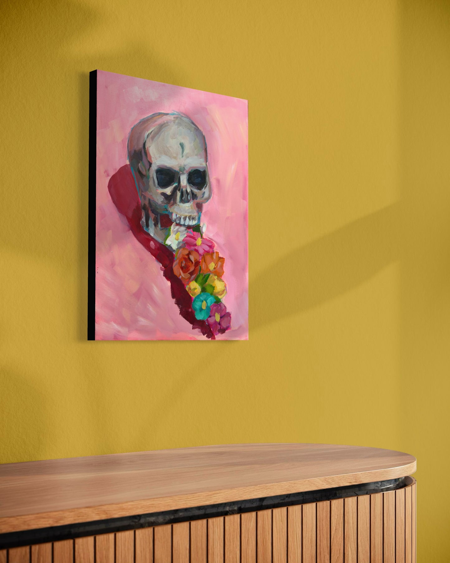 Skull and Flowers Original Painting on Canvas, 12 x 16