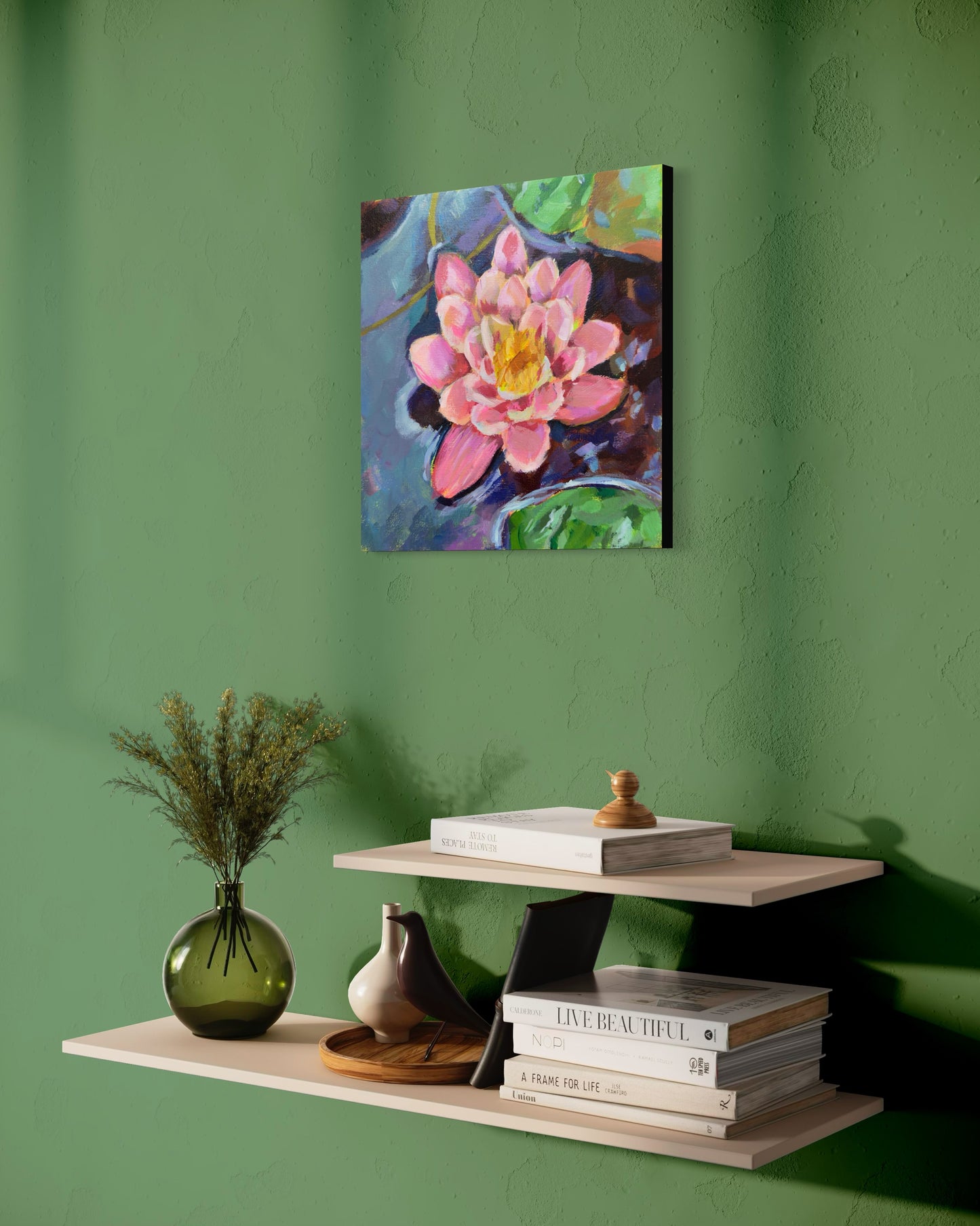 Water Lily Original Painting on Canvas, 8 inch square