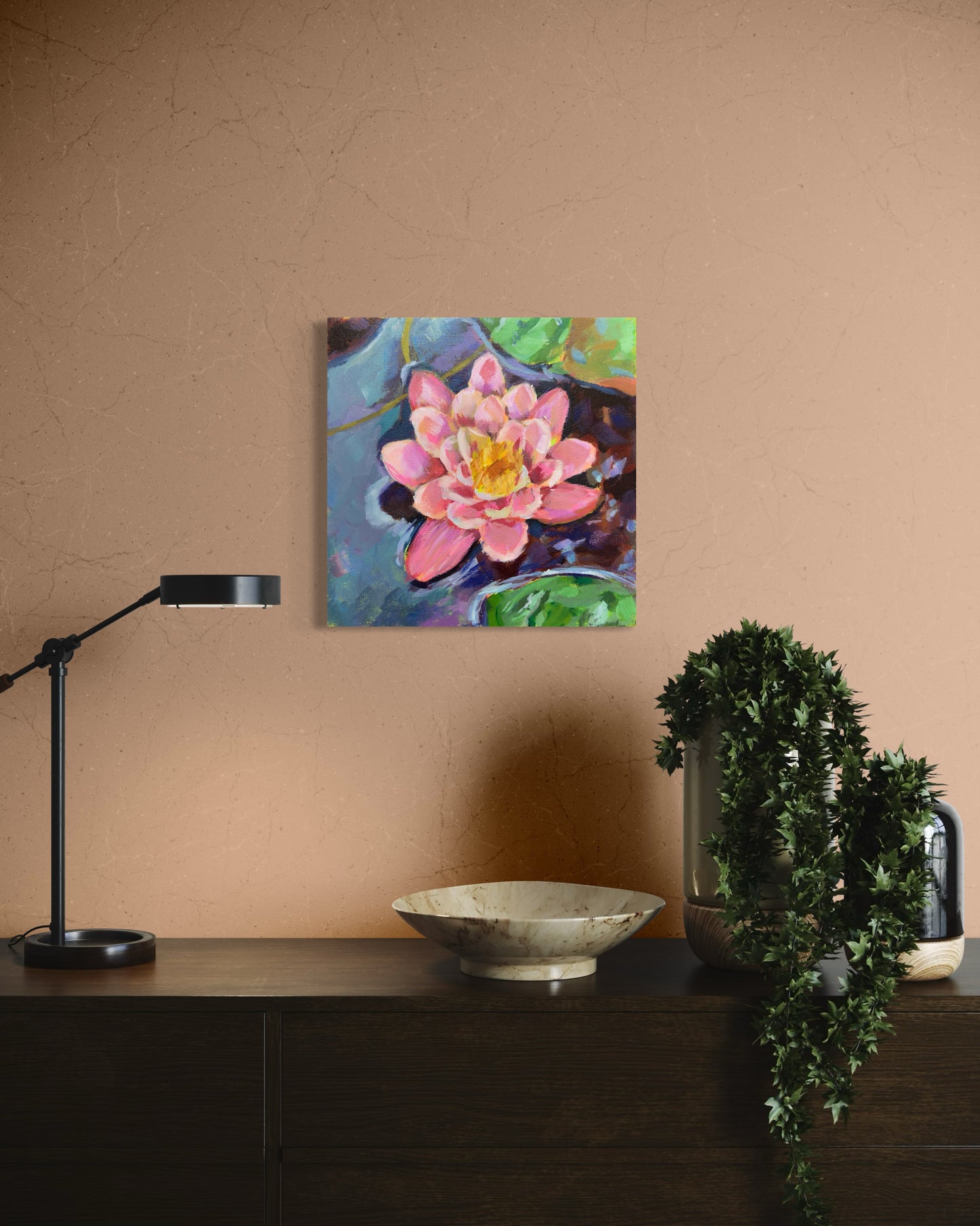 Water Lily Original Painting on Canvas, 8 inch square