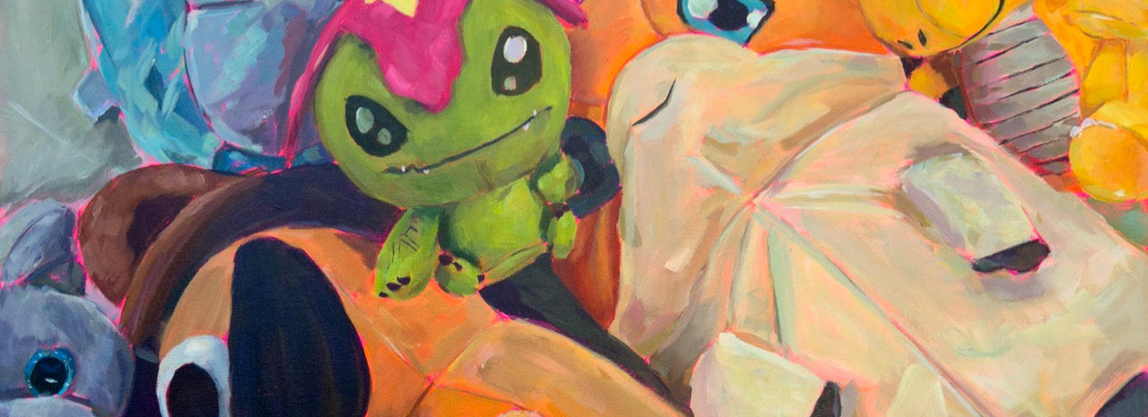 Colorful painting of cartoon-like animals and characters with a focus on a dog-like creature.