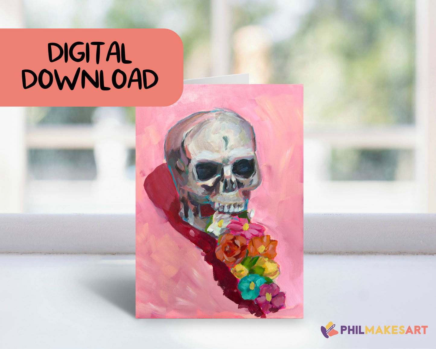 Digital Download: Skull and Flowers Greeting Card, 5x7