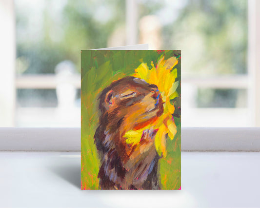 Squirrel Hugging Sunflower, Blank 5 x 7 Card with Envelope